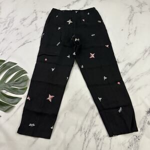 Talbots Womens Vintage Y2k Linen Pants Size 10 Black Butterfly Embroidered